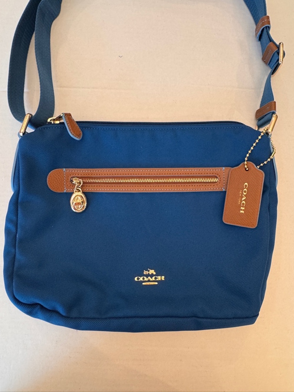 Coach Sawyer Bright Mineral Blue Canvas Crossbody Bag Brass Turn Lock - Picture 5 of 11